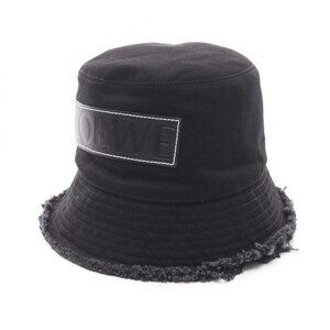 Loewe Hat Frayed Bucket Hat Leather Logo Patch Black Denim